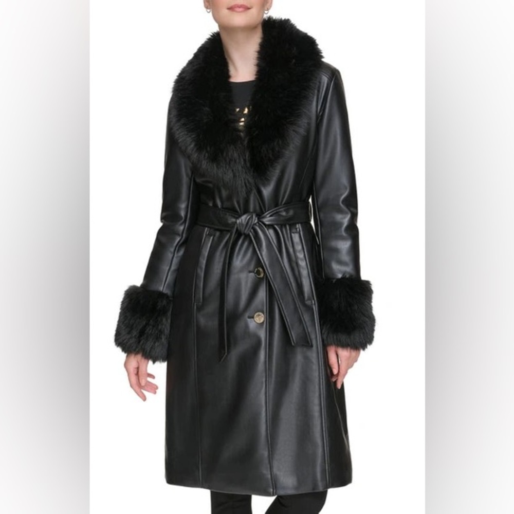 Black Faux Fur Trim Leather Coat size small